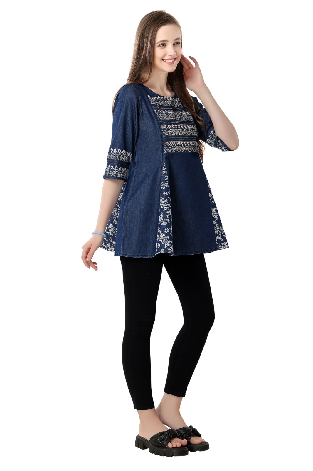 Effortless Style Blue Denim Frock Tunic with Classic Thread Work
