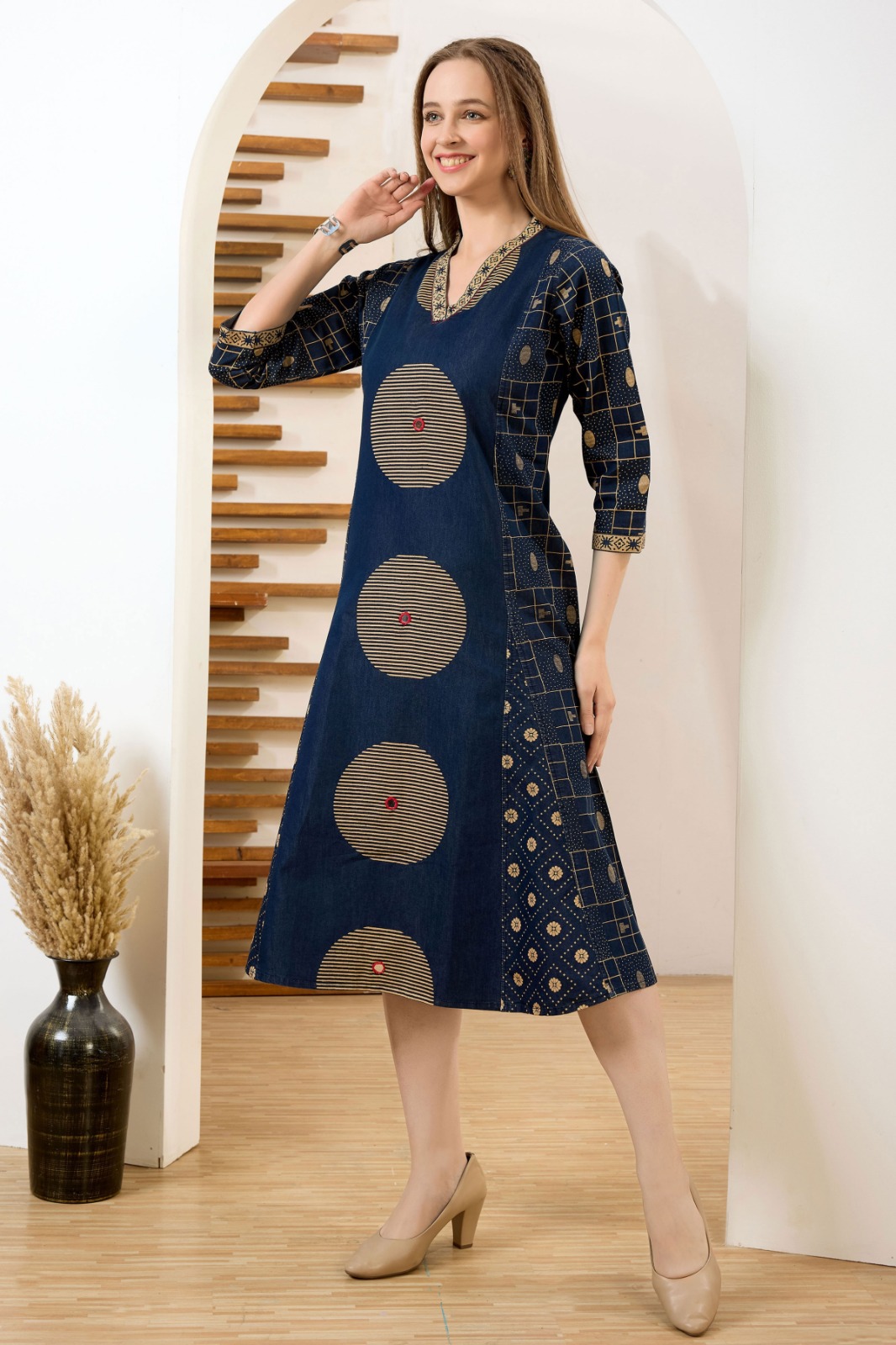 Exclusive Denim Blue V Neck A Line Indo Western Dress