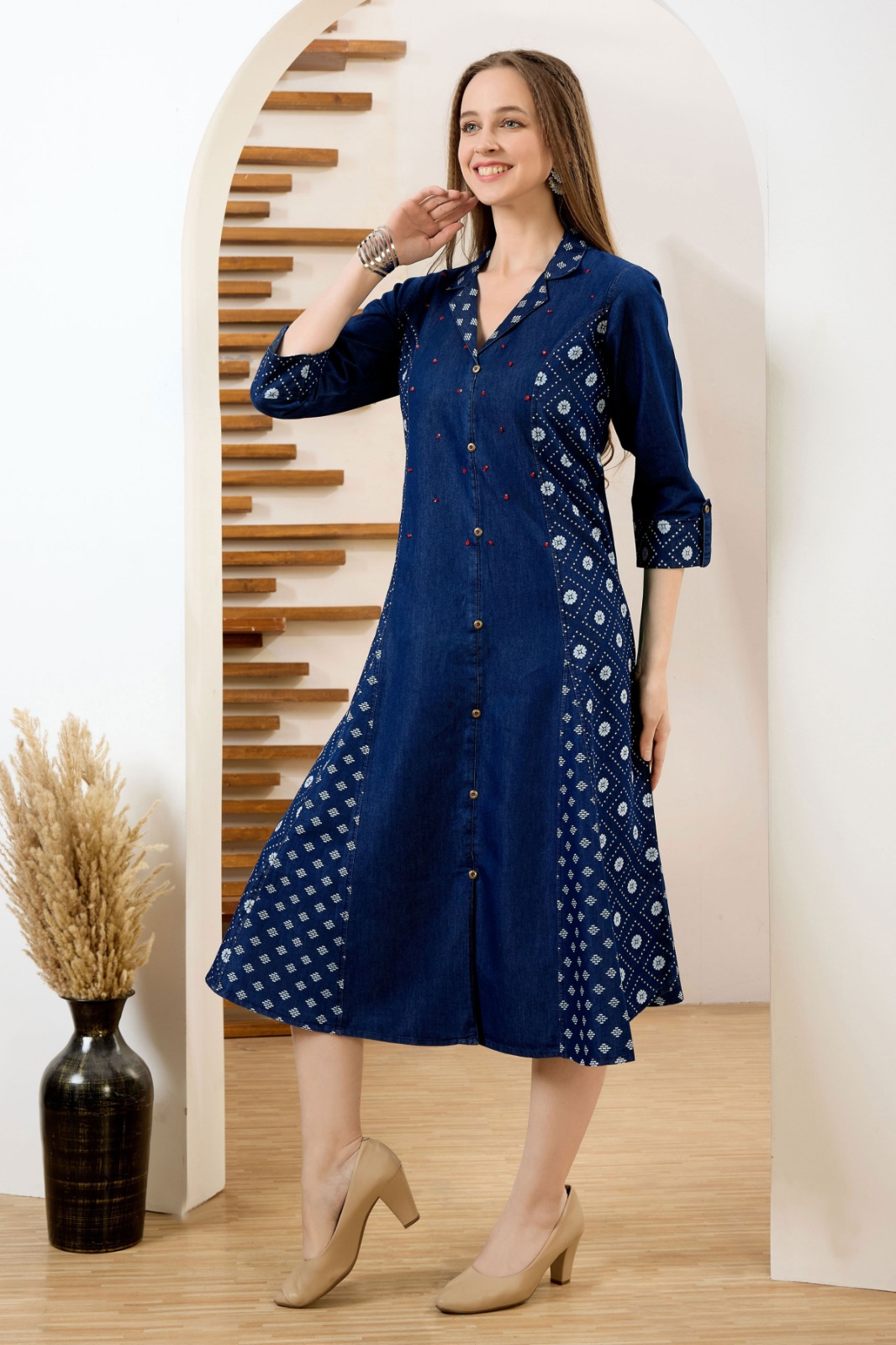 Exclusive Denim Blue A Line Indo Western Dress With Coat Collar