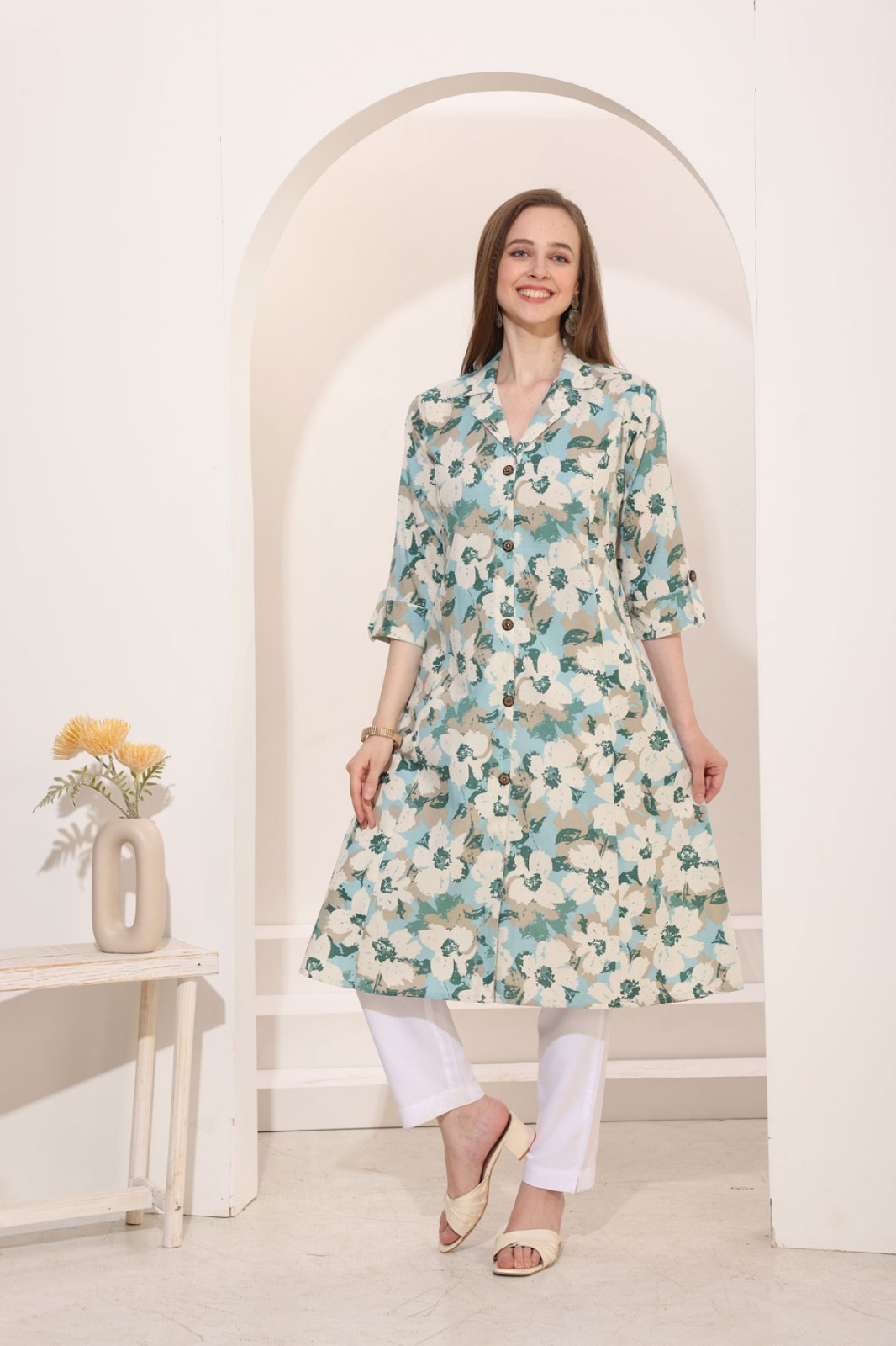 Rama Green Linen Cotton Princess Cut Long Kurta For Women