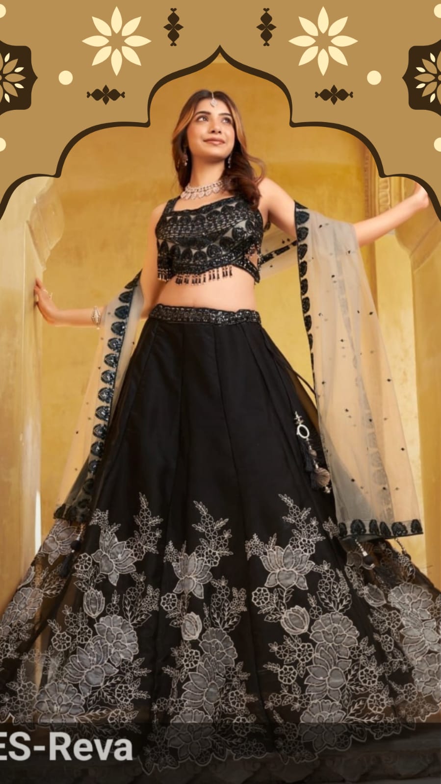 Likely silk or satin blend as it has a slight sheen and structured flow Heavy thread embroidery with floral motifs
