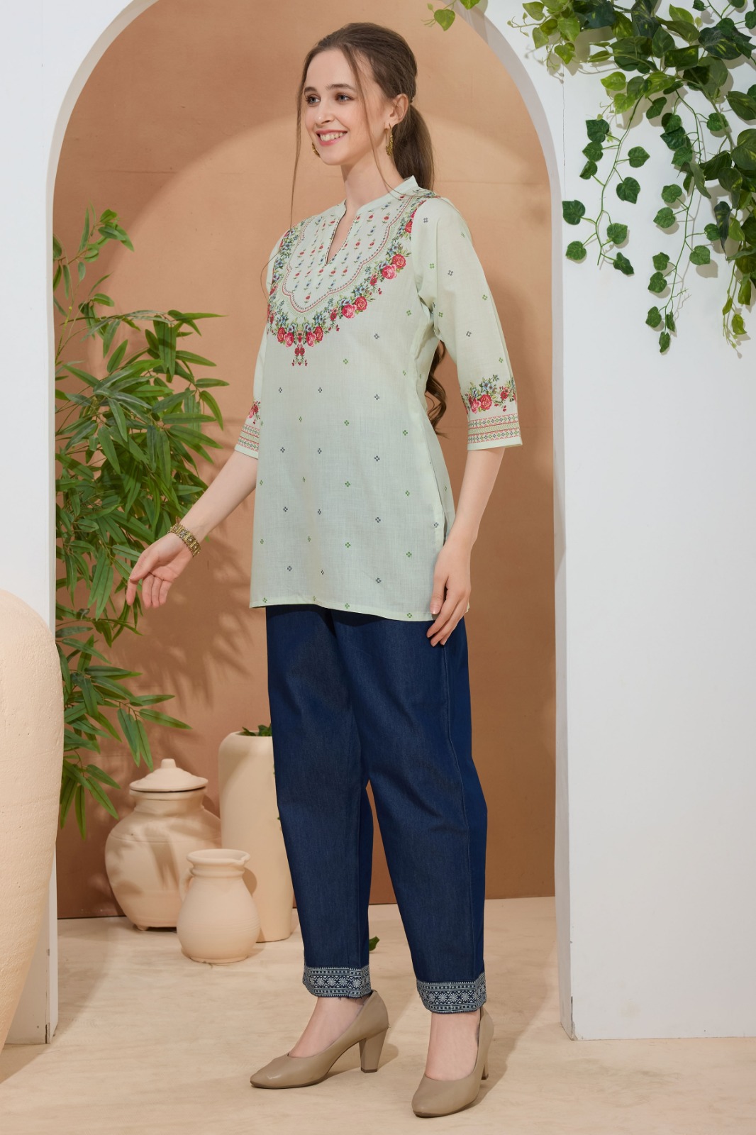 Elegant Pista Color Ethnic Print Cotton Short Kurti with Ban Collar