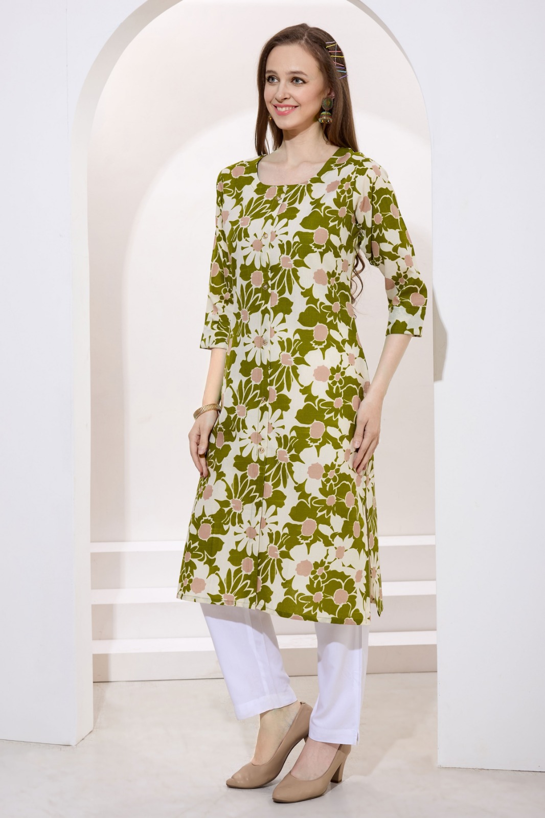 Green Linen Cotton Round Neck Women Long Kurta