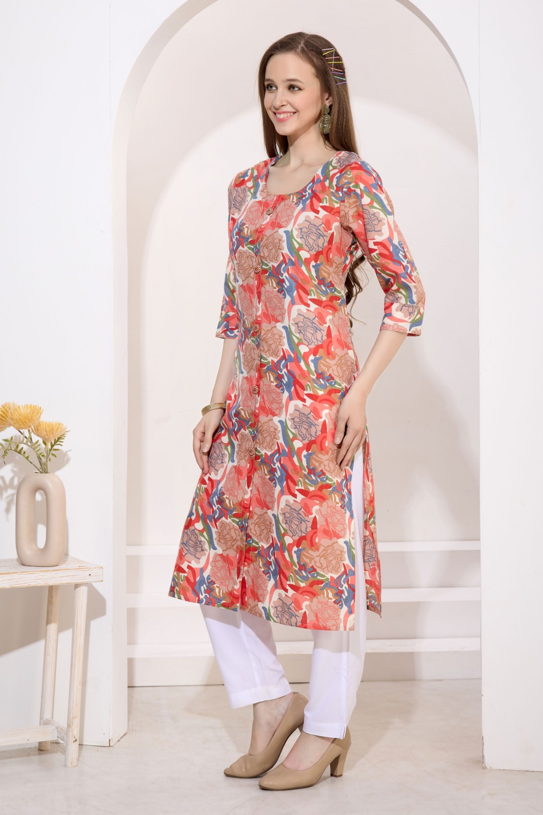 Tomato Linen Cotton Round Neck Women Long Kurta
