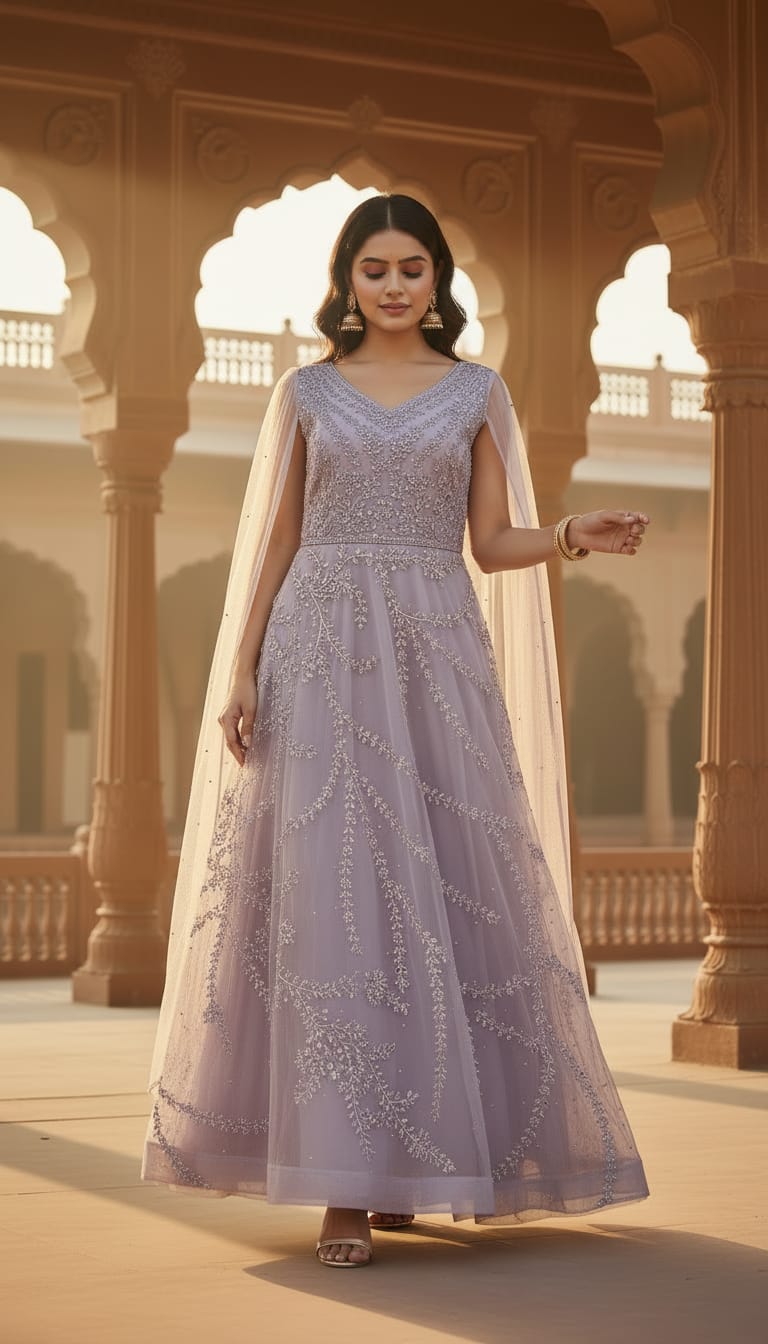Lavender Heavy Threadwork Embellished Bridal Gown With Long Cape Sleeve