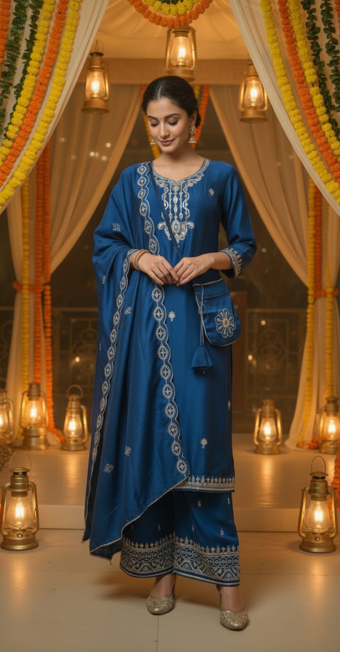 Aqua blue chinon silk embroidered palazzo suit stitched