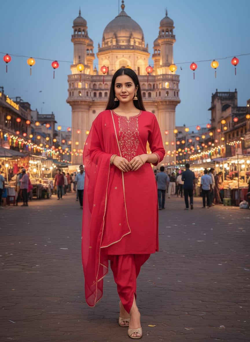 Red kurta set with dhoti pants and a dupatta