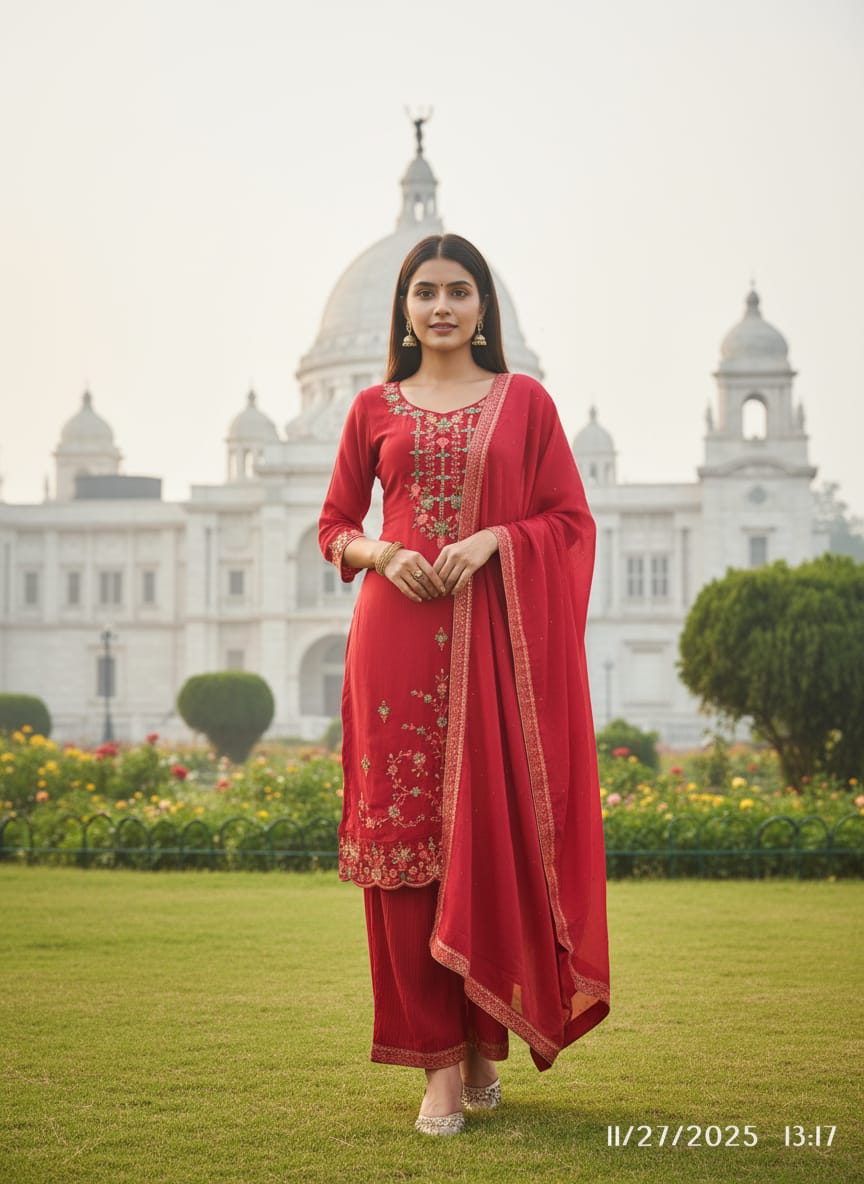 Red embroidered kurta set with a dupatta.