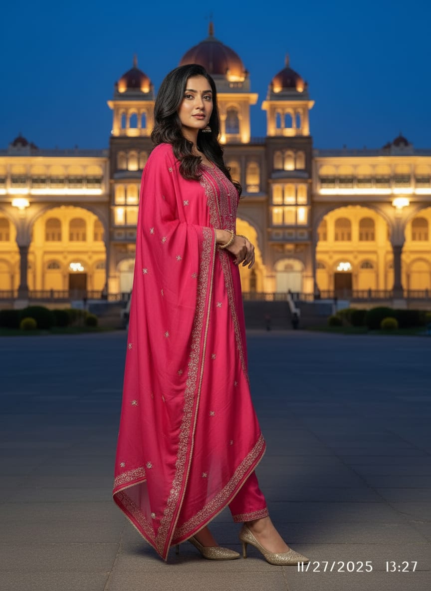 Pink Embroidered Straight Kurta Trousers With Dupatta se