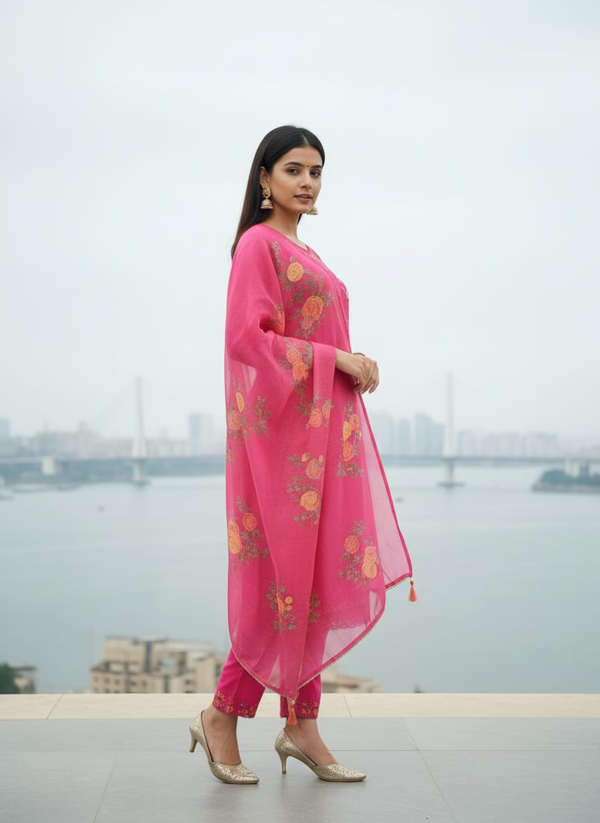 Floral Embroidered Thread Work Straight Kurta With Trousers And Dupatta