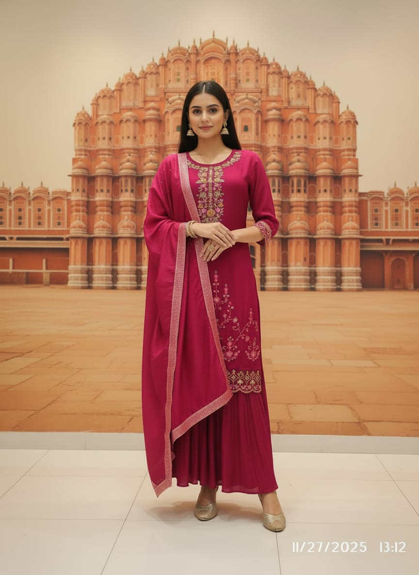 Women Embroidered Straight Kurta with Palazzos & Dupatta |