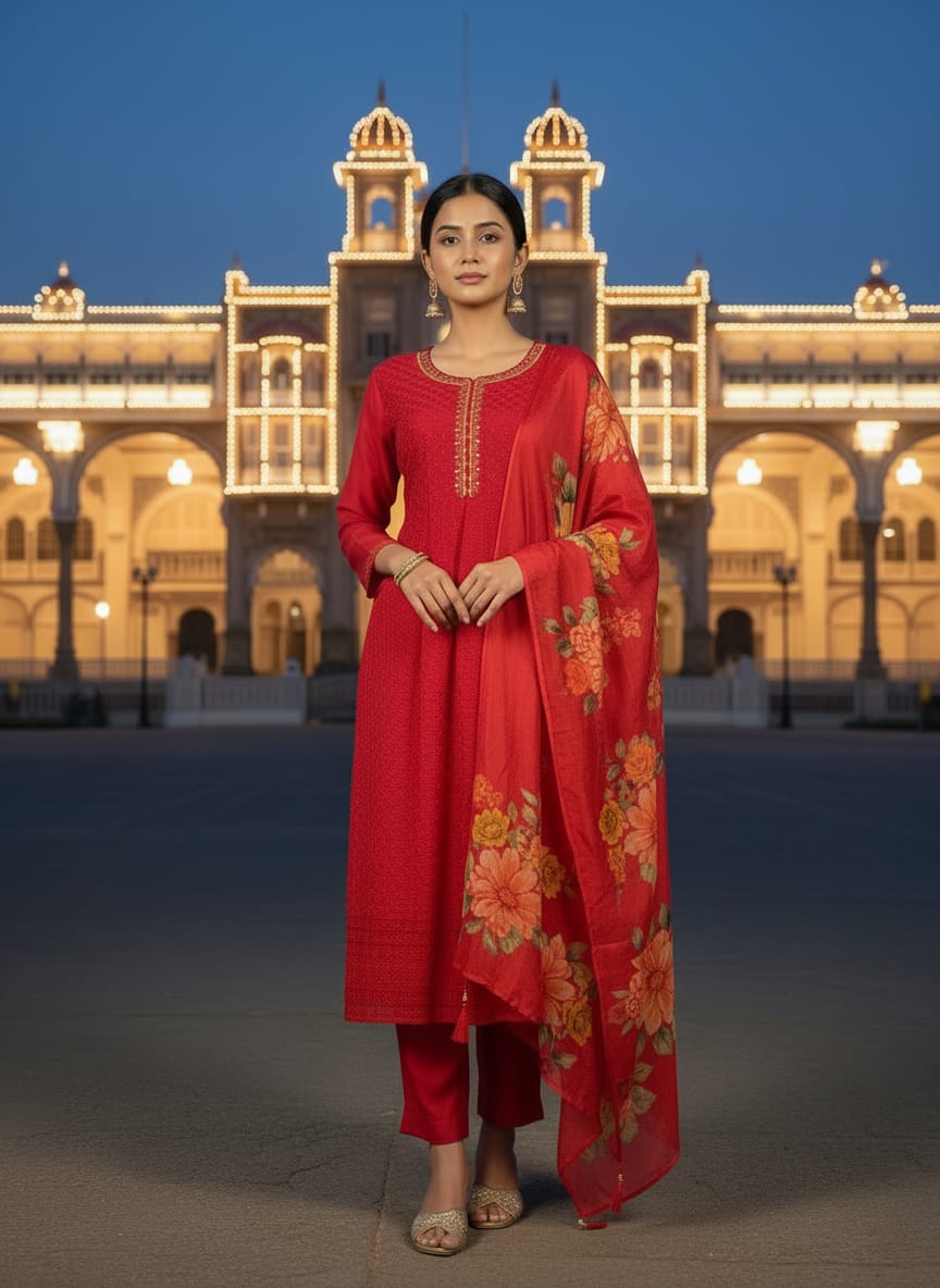 festive look with this red heavy embroidered kurta with pant & dupatta