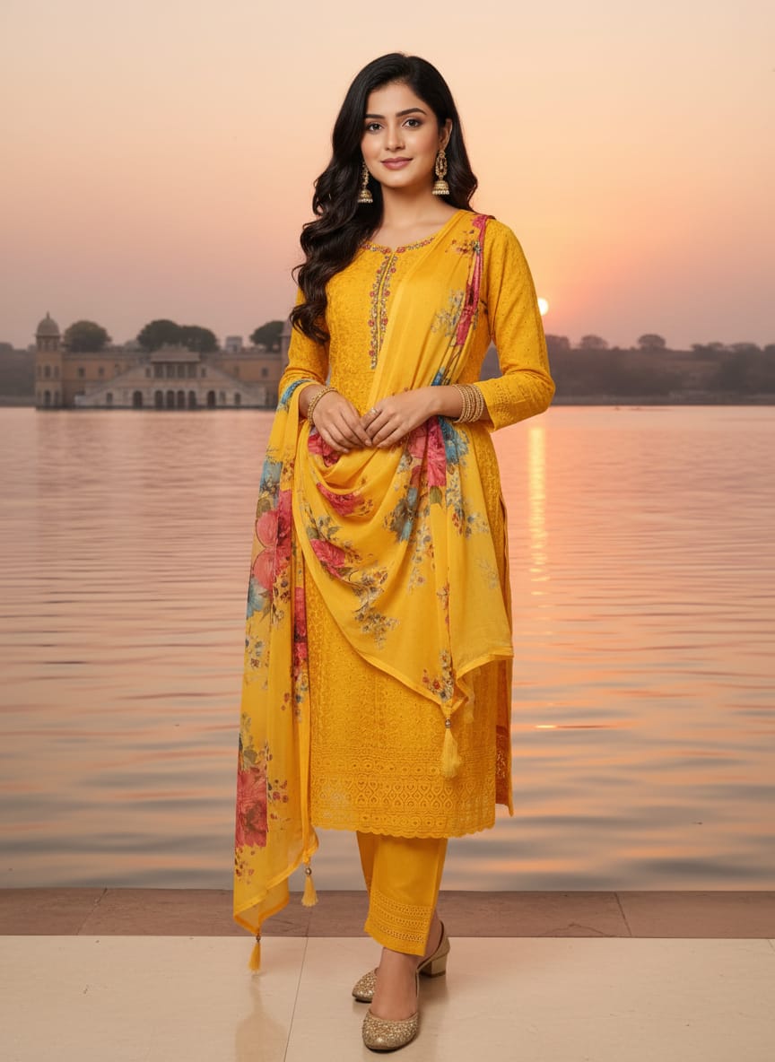 yellow embroidered Chikankari suit set with a floral printed dupatta.