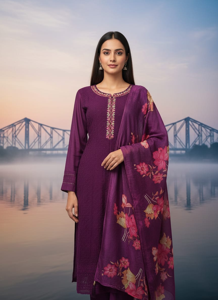 purple embroidered kurta  set with a multi-colored floral printed dupatta.