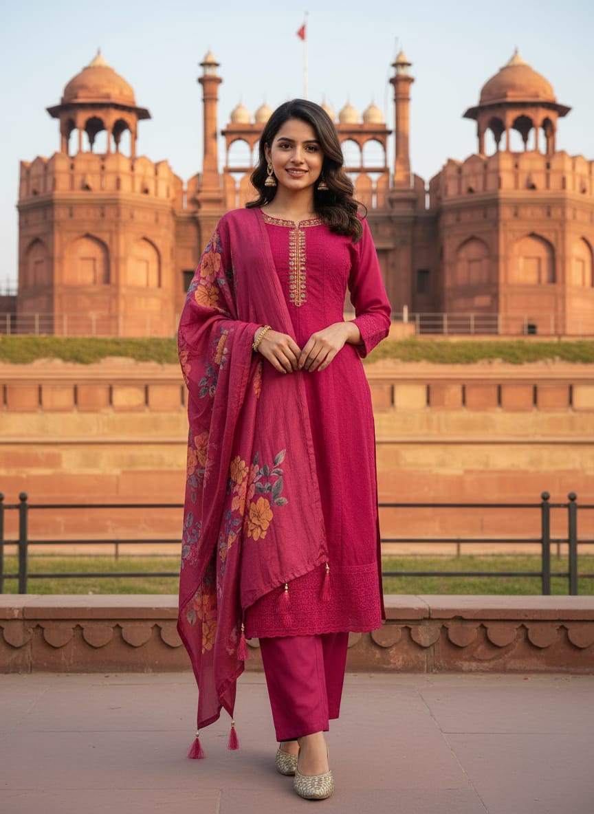 pink embroidered kurta  set with a matching floral print dupatta.