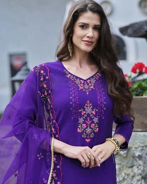 purple embroidered salwar suit or kurta set