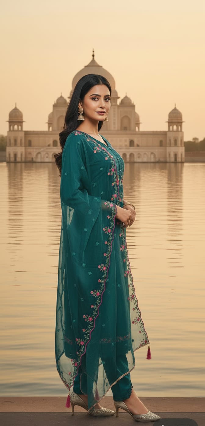 Teal blue embroidered kurta set with trousers and a dupatta.