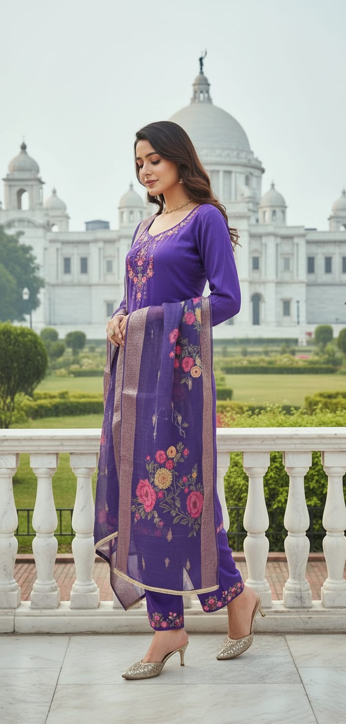 purple embroidered kurta set with trousers and a floral dupatta.