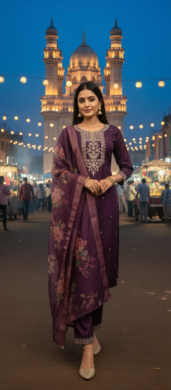 purple Chanderi kurta set with a floral dupatta and trousers