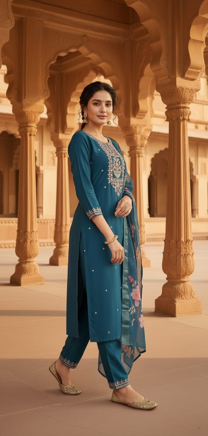 Teal blue Chanderi kurta set with a floral dupatta and trousers
