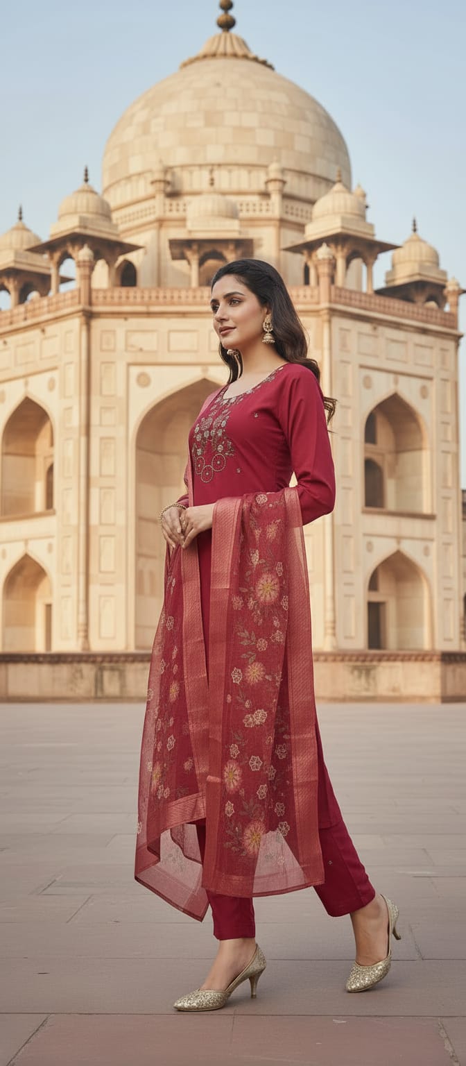 maroon Indian ethnic wear kurta, pant, and dupatta set.