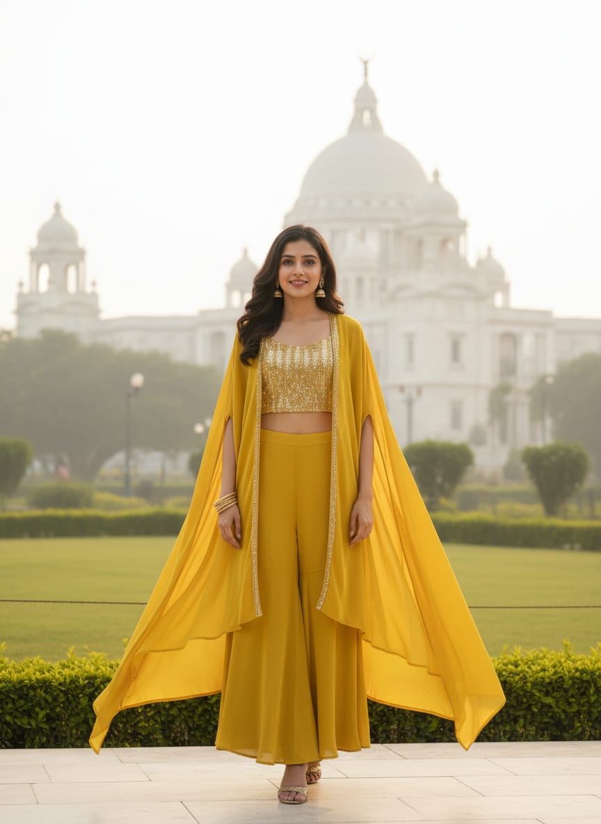 Yellow Georgette Top & Sharara Set with Cape with Sequined Print Outfit for Women