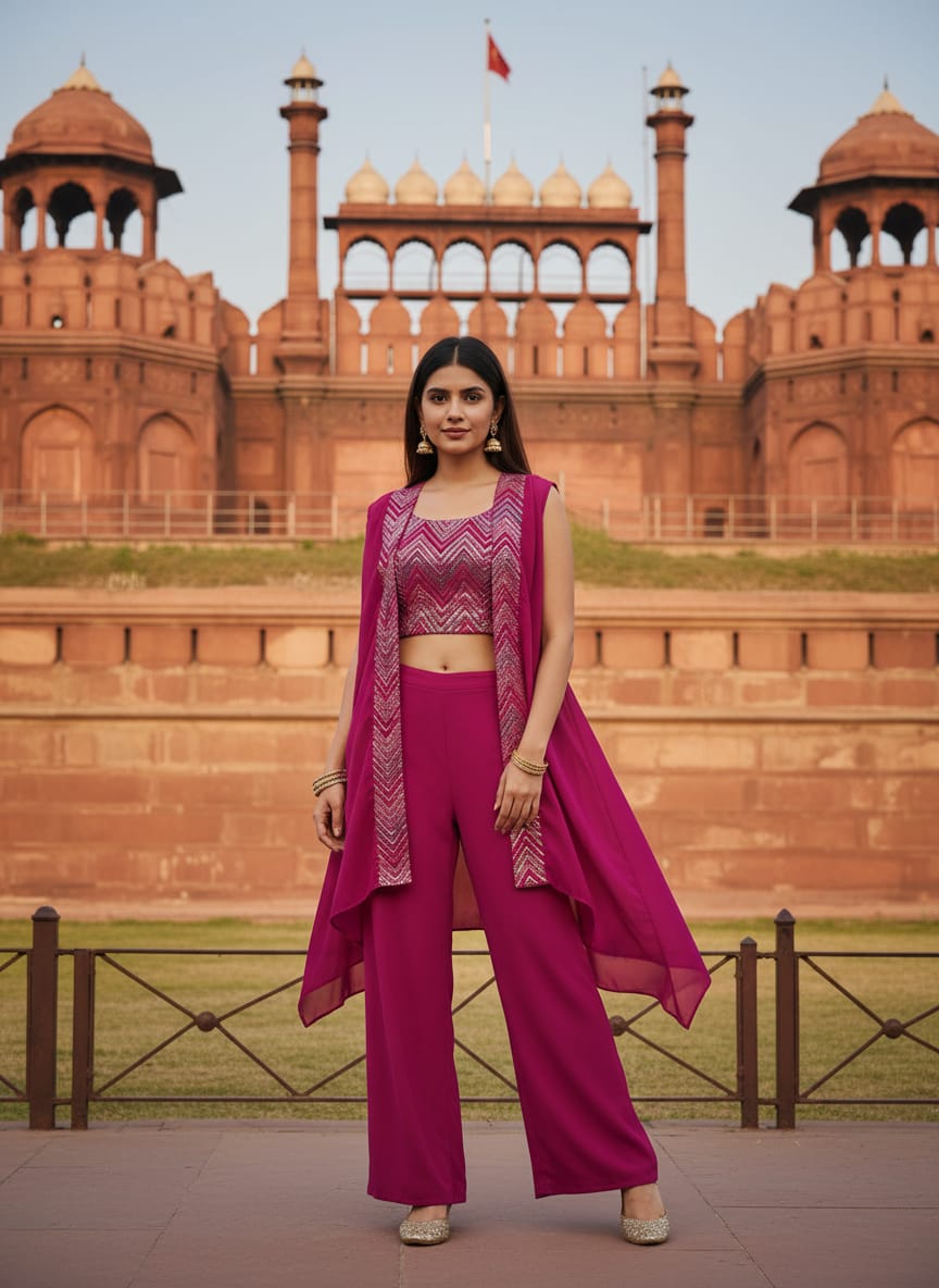 Pink Georgette Embroidered Top With Pant & Cape Set