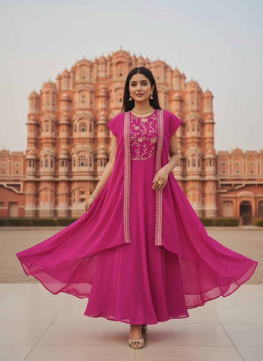 Women's Georgette Anarkali Maxi Dress & Jacket