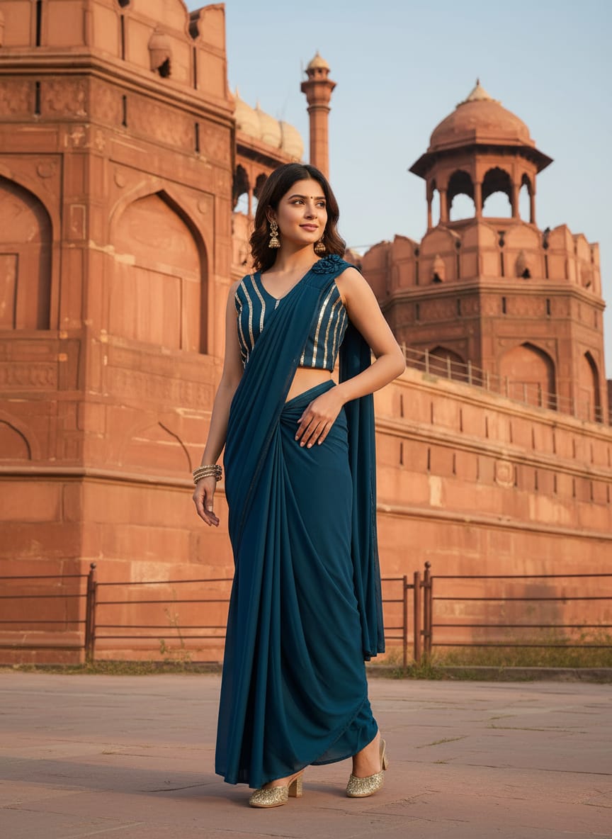Blue Shade Readymade Pre-Stitched Saree with Blouse, Ready to wear Saree, Indian Ethnic Sari,