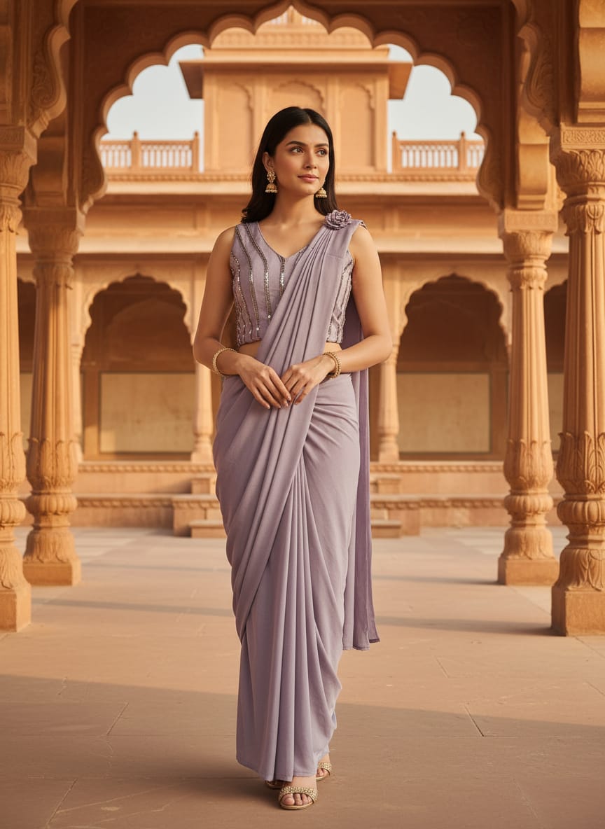 Lavender Shade Readymade Pre-Stitched Saree with Blouse, Ready to wear Saree, Indian Ethnic Sari