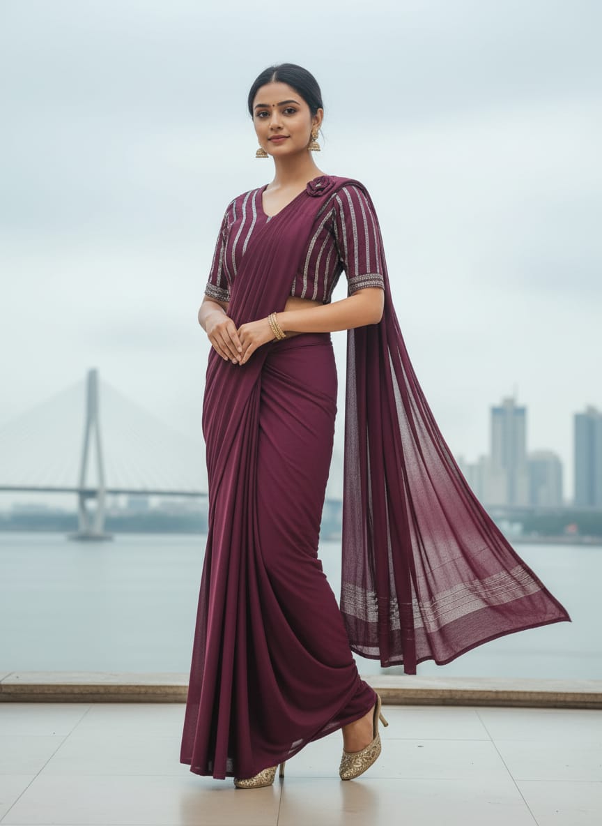 Maroon Shade Readymade Pre-Stitched Saree with Blouse, Ready to wear Saree, Indian Ethnic Sari