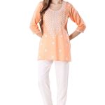 Peach Rayon Chikankari Kurti Tunic