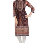Beautiful Brown Designer Digital Print Masleen Fabric Long Kurti Tunic