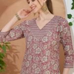 Floral Coral V Neck Kurti Pant Suit For Women. Embellished with Golden Beads and Thread Work.