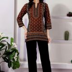 Brown Cotton Print Ban Collar Short Tunic Top