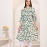 Rama Green Linen Cotton Princess Cut Long Kurta For Women