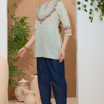 Elegant Pista Color Ethnic Print Cotton Short Kurti with Ban Collar