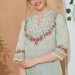 Elegant Pista Color Ethnic Print Cotton Short Kurti with Ban Collar