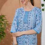Elegant Sky Blue Ethnic Print Cotton Short Kurti With Thread Work