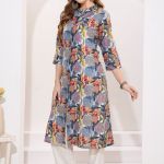 Gray Black Linen Cotton Women Long Kurta With Ban Collar