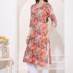 Tomato Linen Cotton Round Neck Women Long Kurta