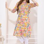 Multicolored Linen Cotton Women Long Kurta With Ban Collar