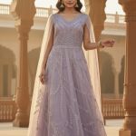 Lavender Heavy Threadwork Embellished Bridal Gown With Long Cape Sleeve