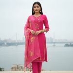Floral Embroidered Thread Work Straight Kurta With Trousers And Dupatta