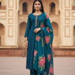 festive look with this teal-blue heavy embroidered kurta with pant & dupatta