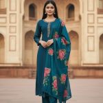 festive look with this teal-blue heavy embroidered kurta with pant & dupatta