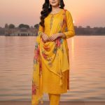 yellow embroidered Chikankari suit set with a floral printed dupatta.