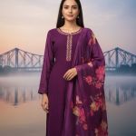 purple embroidered kurta  set with a multi-colored floral printed dupatta.