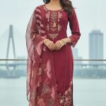 Maroon embroidered kurta and pant set with a printed dupatta.