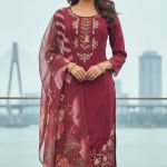 Maroon embroidered kurta and pant set with a printed dupatta.